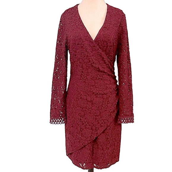 Laundry by Shelli Segal Ruched Lace Burgundy Long Sleeve Knee Length Size 12 - Picture 1 of 14